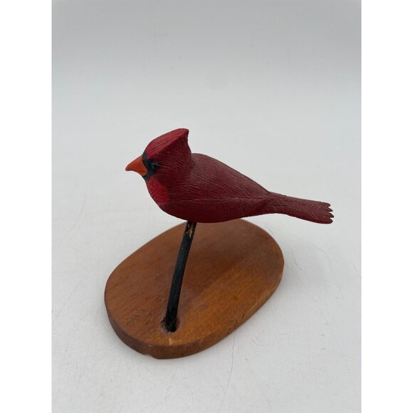 Hand-Carved Wooden Red Cardinal Figurine On Base - Picture 3 of 4